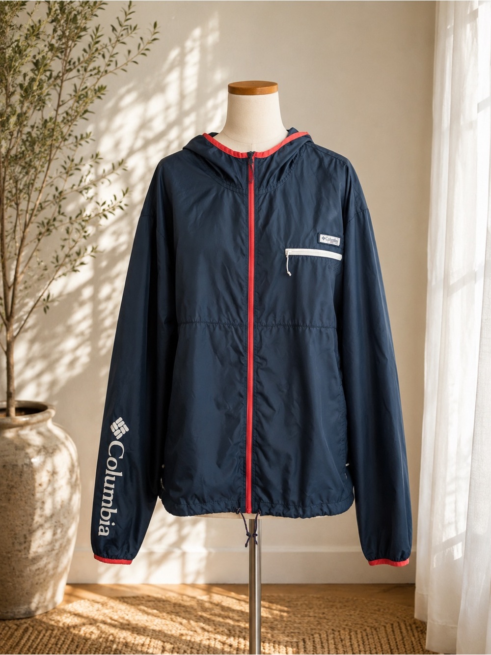 Columbia Sportswear XXL Navy Hooded Windbreaker Jacket Red Full Zip Logo